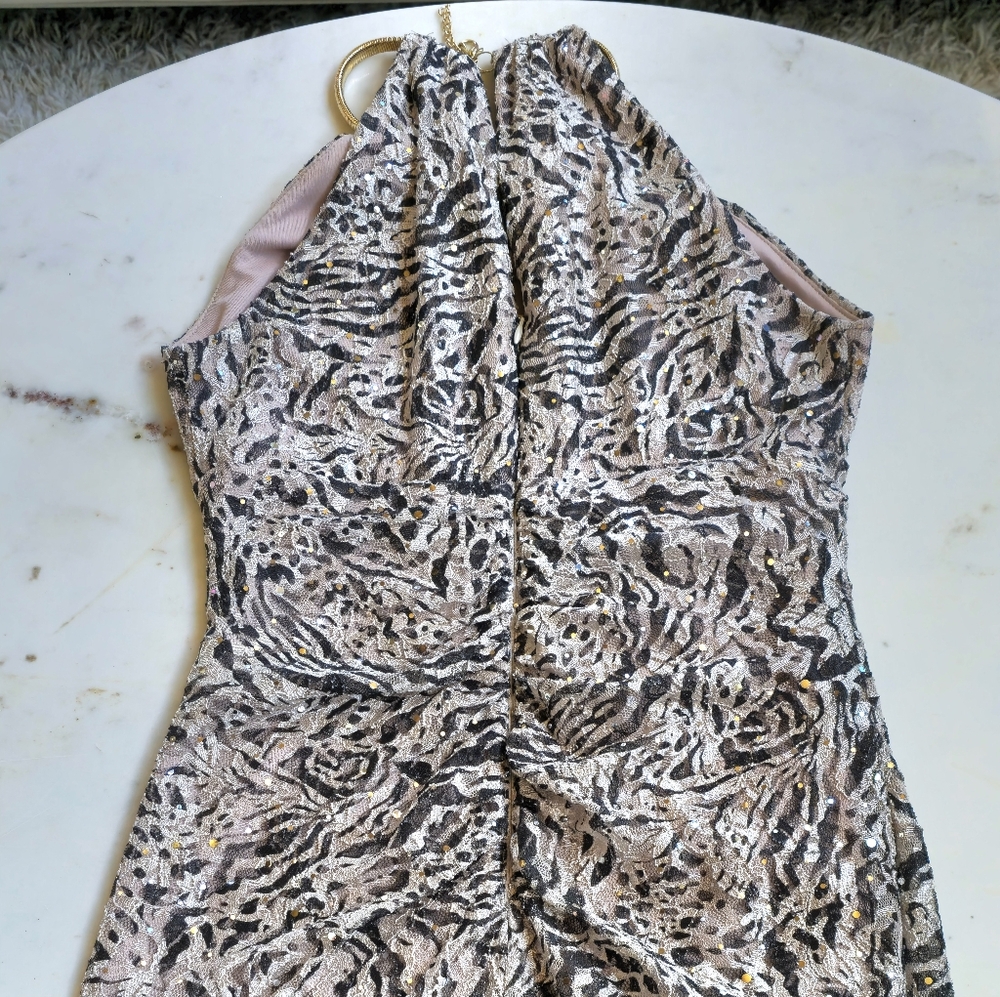 Xscape Lace & Sequin animal print Halter Dress Size 10 - Picture 8 of 13